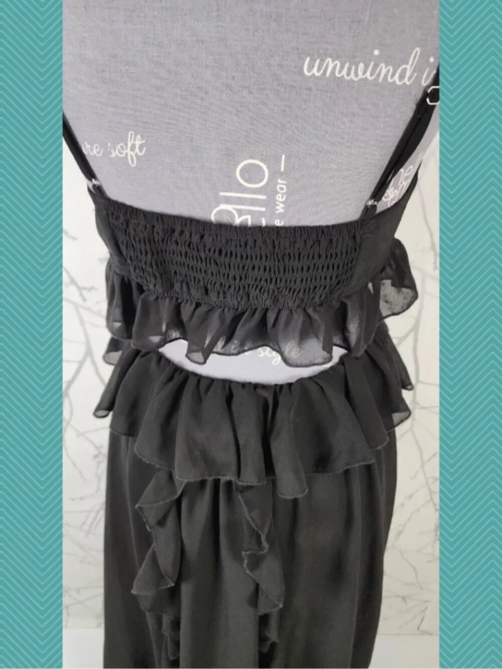 Okakie Black Ruffle Chiffon Strappy Cutout Maxi Dress